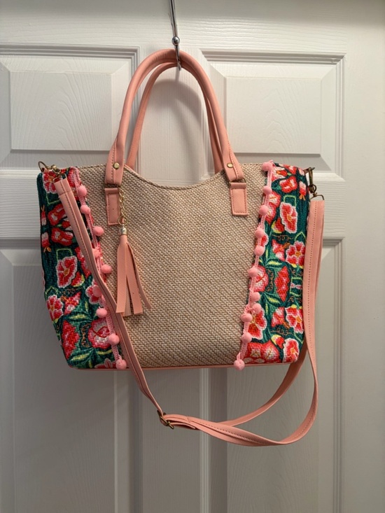 Handbags - Boho Floral Tote Bag Pink Pom Pom Crossbody Purse